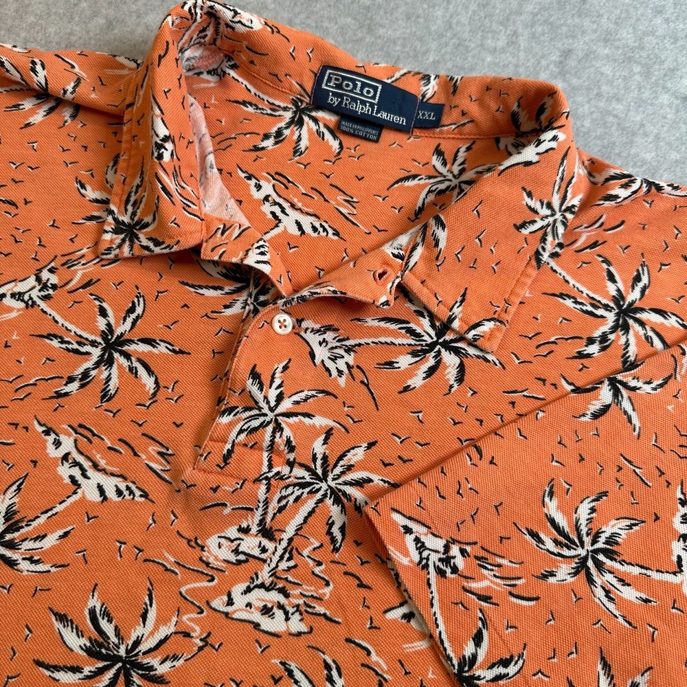 Vintage Polo Ralph Lauren Mens XXL Orange Hawaiian Polo Shirt Tropical Palm Tree